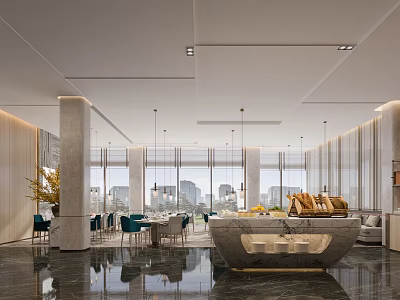 Elegant Modern Restaurant Interior With City View Large Windows Marble Bar And Green Chairs 3d model
