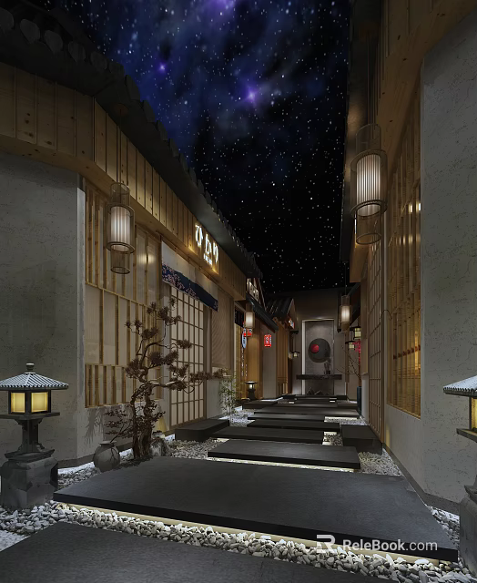 Japanese Style Hotel Corridor with Wooden Decor Hanging Lanterns Starry Sky Ceiling and Stone Pathway 3d model 