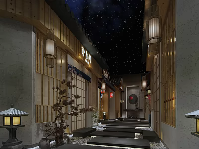 Japanese Style Hotel Corridor with Wooden Decor Hanging Lanterns Starry Sky Ceiling and Stone Pathway 3d model