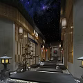 Japanese Style Hotel Corridor with Wooden Decor Hanging Lanterns Starry Sky Ceiling and Stone Pathway