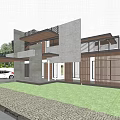 Modern Detached Villa With Gray Concrete Exterior Large Glass Windows And Landscaped Front Lawn