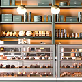 Green Bar Counter With Display Cases Desserts Coffee And Hanging Lights