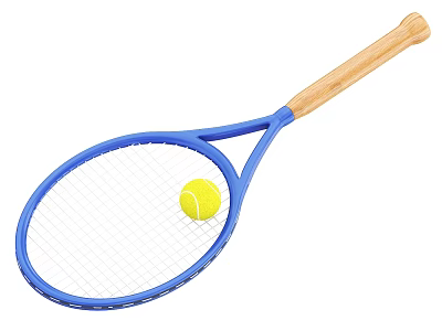 Sports Equipment Blue Tennis Racket With Wooden Handle And Yellow Tennis Ball 3d model