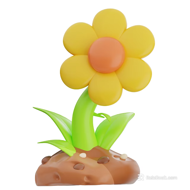 Yellow Flower With Orange Center Green Stem And Leaves In Brown Soil With Small Particles 3d model 