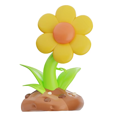 Yellow Flower With Orange Center Green Stem And Leaves In Brown Soil With Small Particles 3d model
