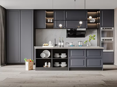 Modern Kitchen Interior With Gray Cabinets Island Marble Countertop And Pendant Lights 3d model