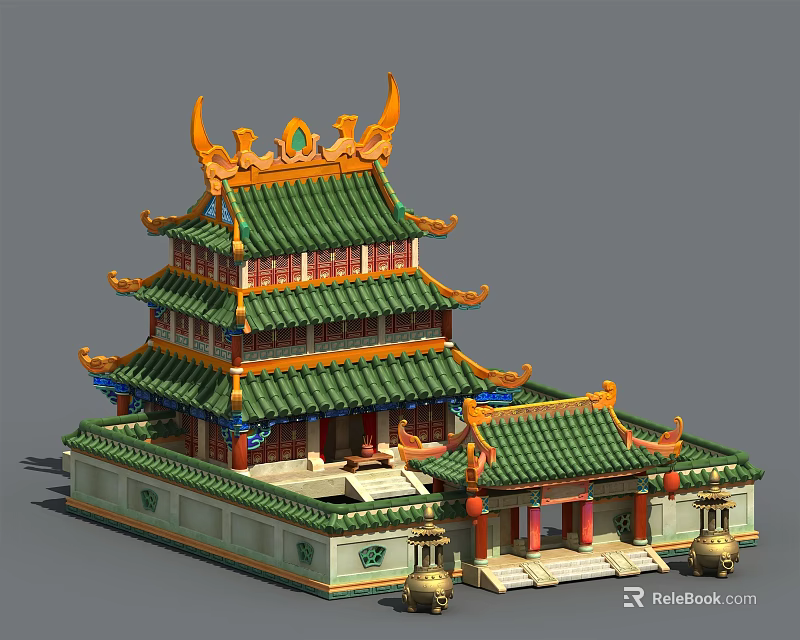 Cartoon Chinese Traditional Pagoda Scene With Green Roof Orange Decorations Curved Eaves And Stone Steps 3d model 