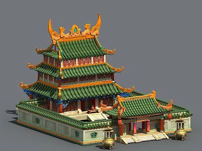 Cartoon Chinese Traditional Pagoda Scene With Green Roof Orange Decorations Curved Eaves And Stone Steps 3d model