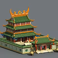 Cartoon Chinese Traditional Pagoda Scene With Green Roof Orange Decorations Curved Eaves And Stone Steps