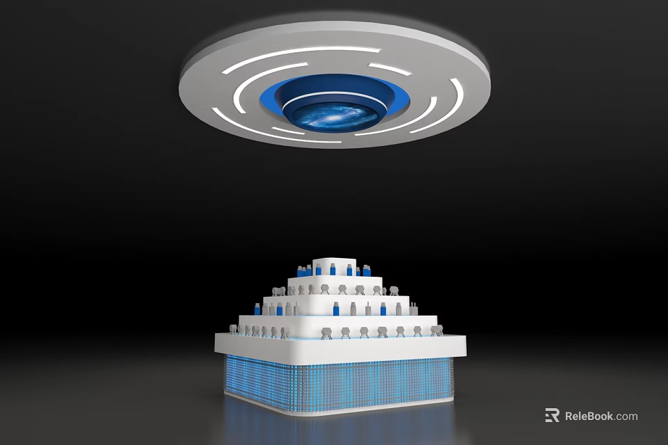 Floating Circular Art Installation With Multi tiered Structure And Blue Illuminated Elements 3d model