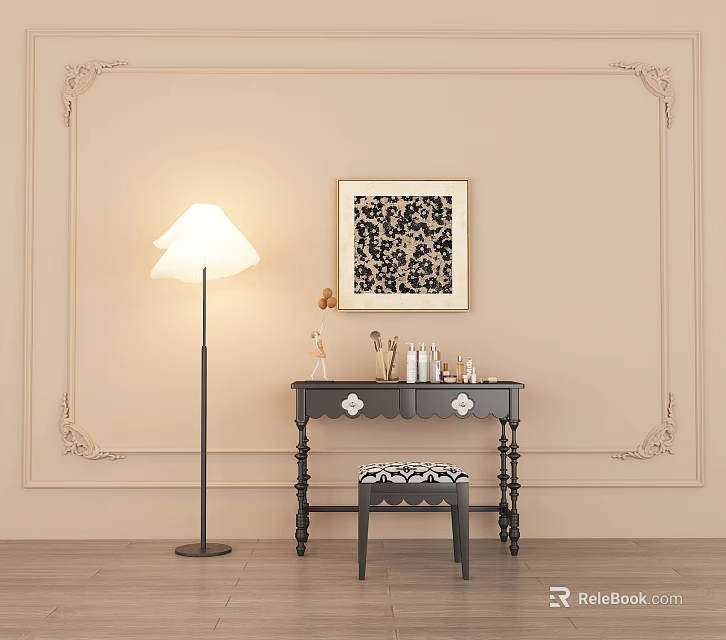 Elegant Dressing Table Setup With Floor Lamp Decorative Painting Stool And Accessories 3d model 