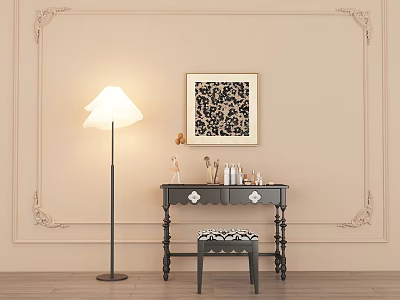 Elegant Dressing Table Setup With Floor Lamp Decorative Painting Stool And Accessories 3d model