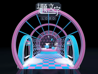 Exhibition Entrance Arch Structure In Pink And Blue With Checkerboard Floor And LOGO 3d model