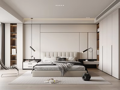 Modern Bedroom Interior Design With Large Bedside Lamps White Accent Wall And Wardrobes 3d model