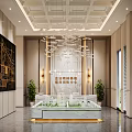 Luxurious Sales Office Interior With Chandeliers Marble Counter Sand Table Model And Large Windows