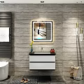 Modern Bathroom Vanity With Double Sinks Backlit Mirror And Gray Stone Wall