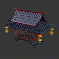 Chinese Traditional Pavilion With Blue Tiled Roof Red Frame And Hanging Lanterns
