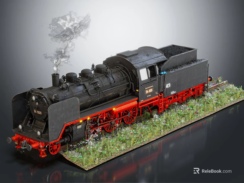 Black Steam Train Model With Red Wheels On Green Grass Track 3d model 