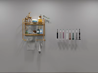 Bathroom Accessories Including Golden Wall Shelf Bottles Towel and Toothbrushes 3d model