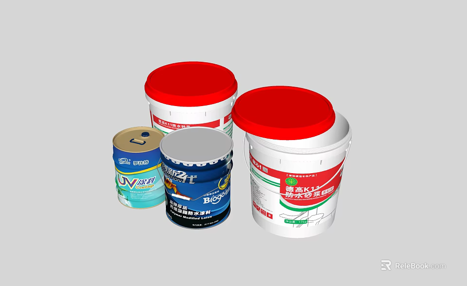 Industrial Paint Buckets And Storage Containers With Red Lids And Labels 3d model 