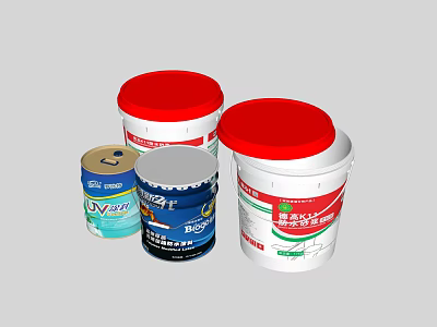 Industrial Paint Buckets And Storage Containers With Red Lids And Labels 3d model