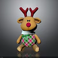 Stuffed Reindeer Toy with Red Antlers Red Nose Green Bow Plaid Bib on Dark Background