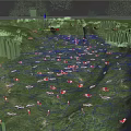 Red and gray fish swimming in pond with reeds trees and rippling water