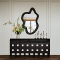 Stylish Entryway Console Cabinet With Irregular Black Mirror Green Plant Vase White Panel Decor