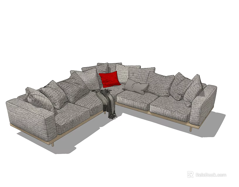 Modern Sectional Sofa With Multiple Cushions And Red Accent Pillow 3d model