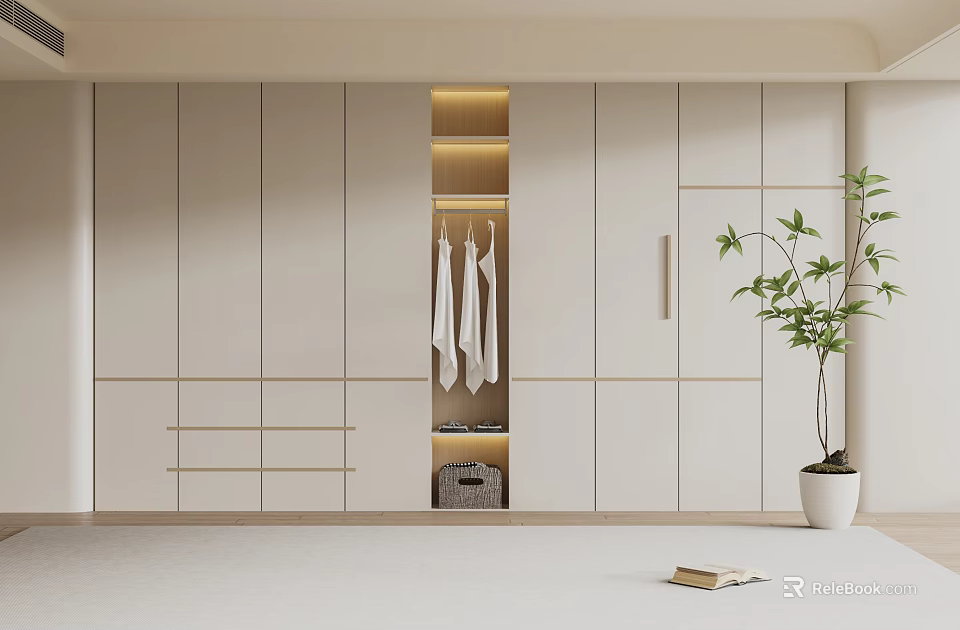 Modern Open Wardrobe Interior Design With Light Color Cabinets Open Shelves Hanging Clothes And Potted Plant 3d model 