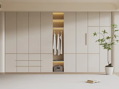 Modern Open Wardrobe Interior Design With Light Color Cabinets Open Shelves Hanging Clothes And Potted Plant 3d model