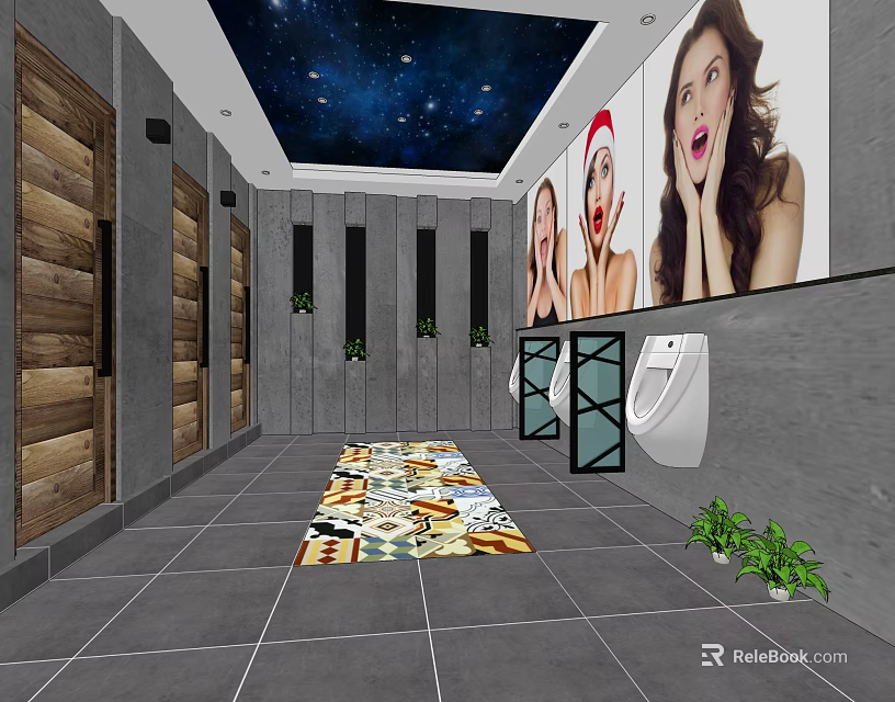 Public Restroom Featuring Starry Sky Ceiling Large Posters Wooden Stall Doors Colorful Carpet Green Plants 3d model 