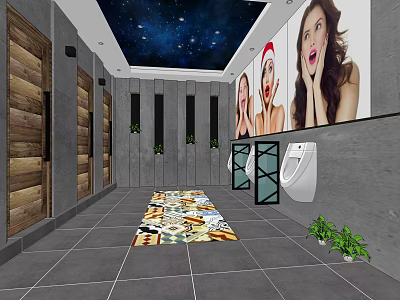 Public Restroom Featuring Starry Sky Ceiling Large Posters Wooden Stall Doors Colorful Carpet Green Plants 3d model