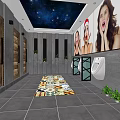 Public Restroom Featuring Starry Sky Ceiling Large Posters Wooden Stall Doors Colorful Carpet Green Plants