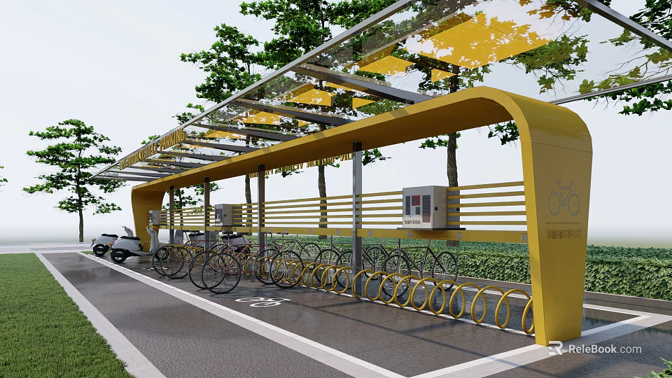 Yellow Bicycle Shelter With Parked Bicycles Trees And Green Path Area 3d model 