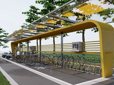 Yellow Bicycle Shelter With Parked Bicycles Trees And Green Path Area 3d model