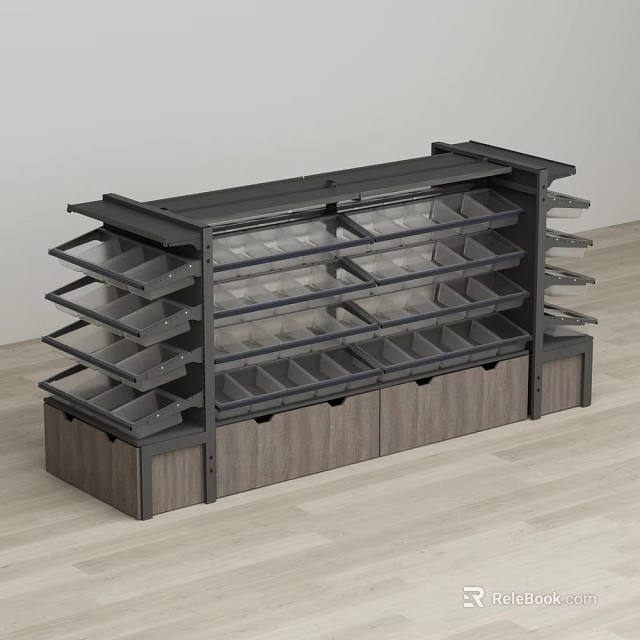 Snack Shop Multi Layer Display Shelf With Transparent Compartments And Wooden Base 3d model