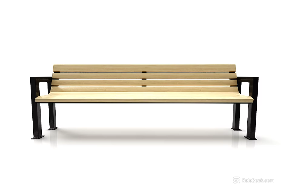 Wooden Outdoor Leisure Bench With Black Metal Frame And Backrest Design 3d model 
