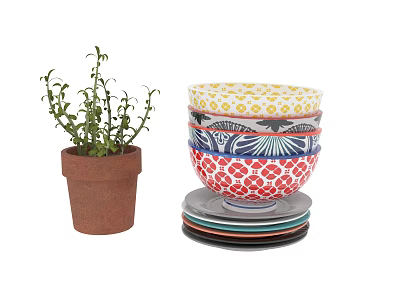 Colorful Stacked Bowls And Plates With Green Plant In Brown Pot 3d model