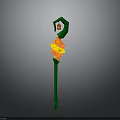 Green Magical Staff With Circular Top Red Gemstone And Flame Ornament