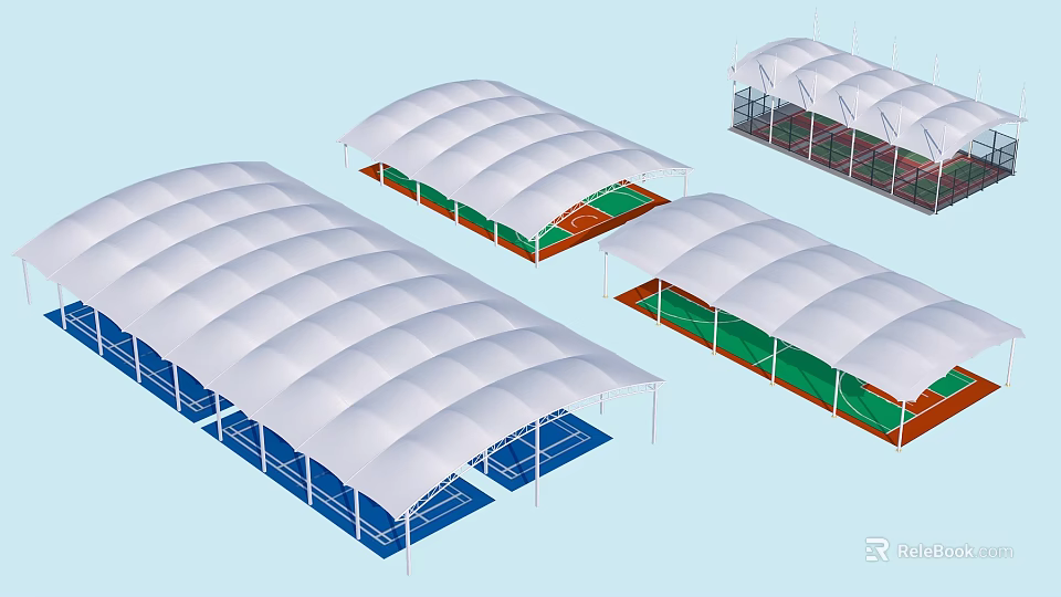 Modern Garden Landscape Design With White Membrane Canopies And Green Lawn Areas 3d model 