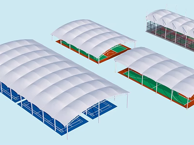Modern Garden Landscape Design With White Membrane Canopies And Green Lawn Areas 3d model