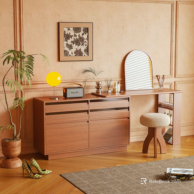 Wooden Vanity Table Design With Round Mirror Stool Potted Plant And Decorative Items 3d model 