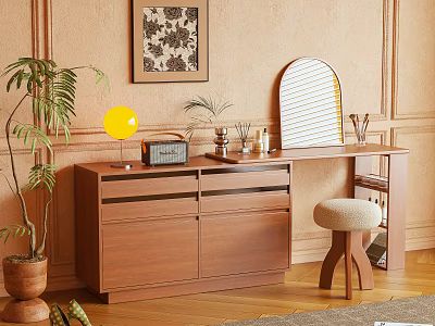 Wooden Vanity Table Design With Round Mirror Stool Potted Plant And Decorative Items 3d model