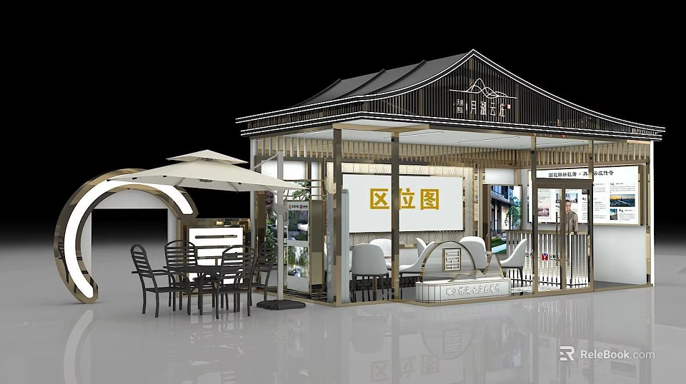 Traditional Chinese Architecture Property Sales Office With District Map Display And Outdoor Seating Area 3d model 