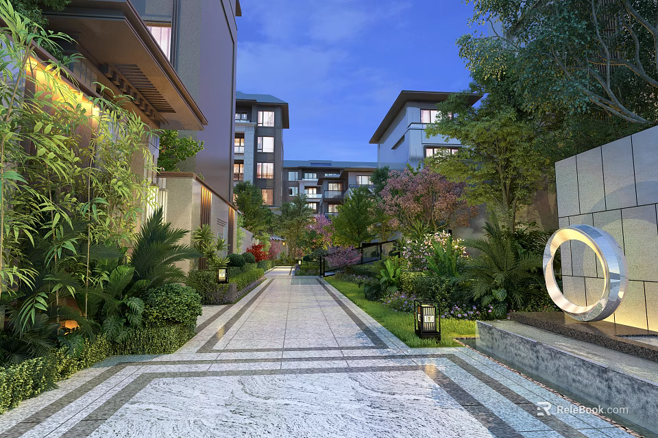 Garden Landscape In Evening With Stone Pathway Lush Green Plants Buildings And Circular Ornament 3d model 