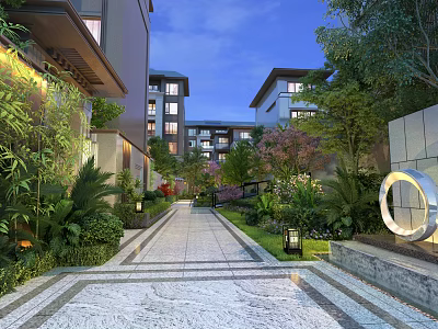 Garden Landscape In Evening With Stone Pathway Lush Green Plants Buildings And Circular Ornament 3d model