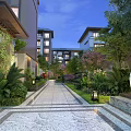 Garden Landscape In Evening With Stone Pathway Lush Green Plants Buildings And Circular Ornament