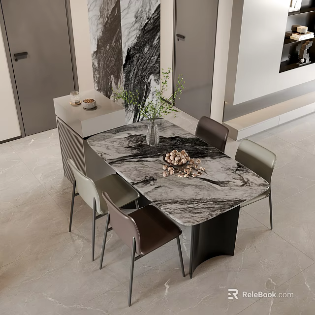 Modern Dining Table Set With Marble Tabletop Vase Green Plants And Four Chairs 3d model 