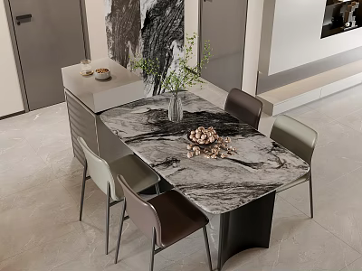 Modern Dining Table Set With Marble Tabletop Vase Green Plants And Four Chairs 3d model